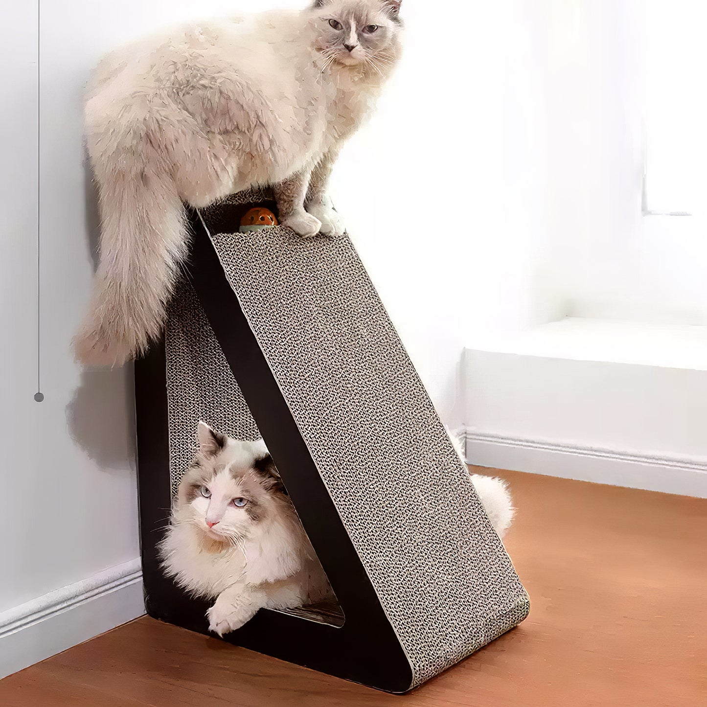 Triangle Corrugated Cardboard Cat Scratcher with Bell Ball – Corner-Friendly Design